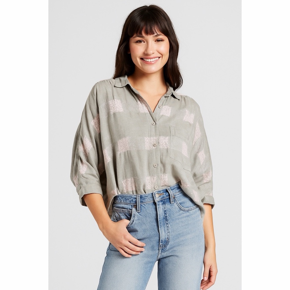 Angelique VTG Check Pattern Textured Fabric Dolman Sleeves Lightweight Shirt